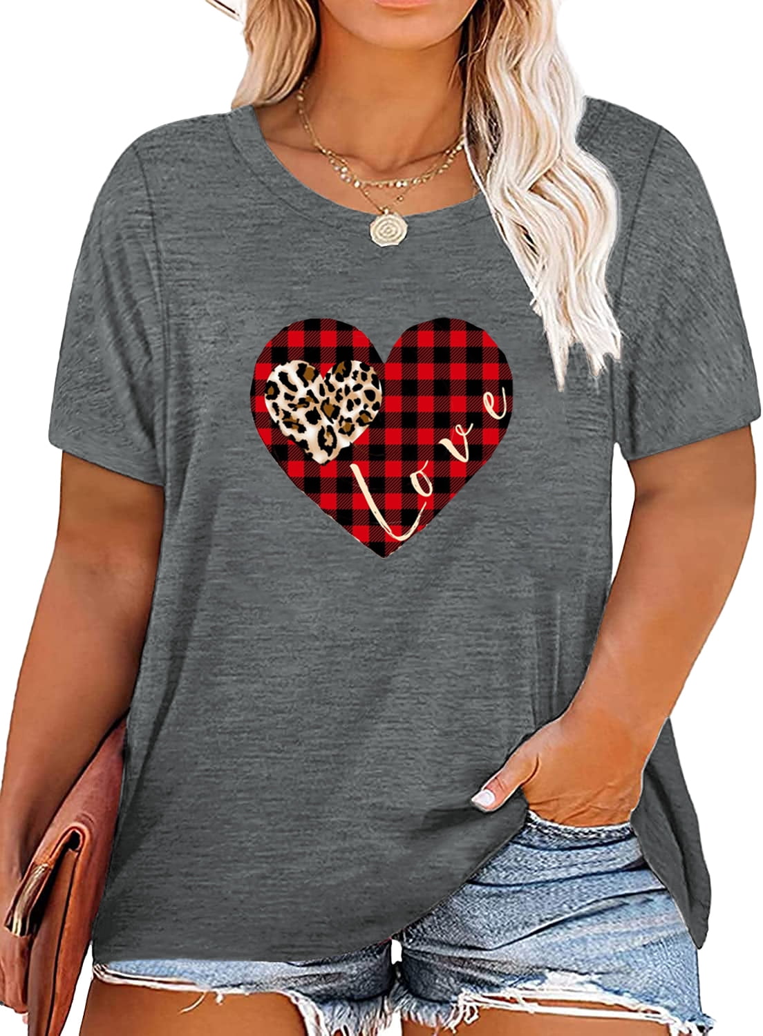 Anbech Women Heart Printed Plus Size TShirts Graphic LOVE Heart Print