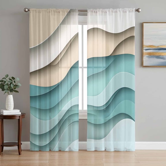 Teal Brown Ombre Semi Sheer Window Curtains 72 Inches Long, Modern Abstract Moire Art Geometric Rod Pocket Voile Silky Chiffon Curtain Light Filtering Drapes for Living Room, 52"x72", 2 Panels