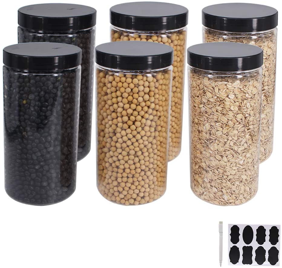 6 Pack 32 OZ Large Clear Plastic Storage Jars with Lids & Labels, A Pen Wide Opening Food