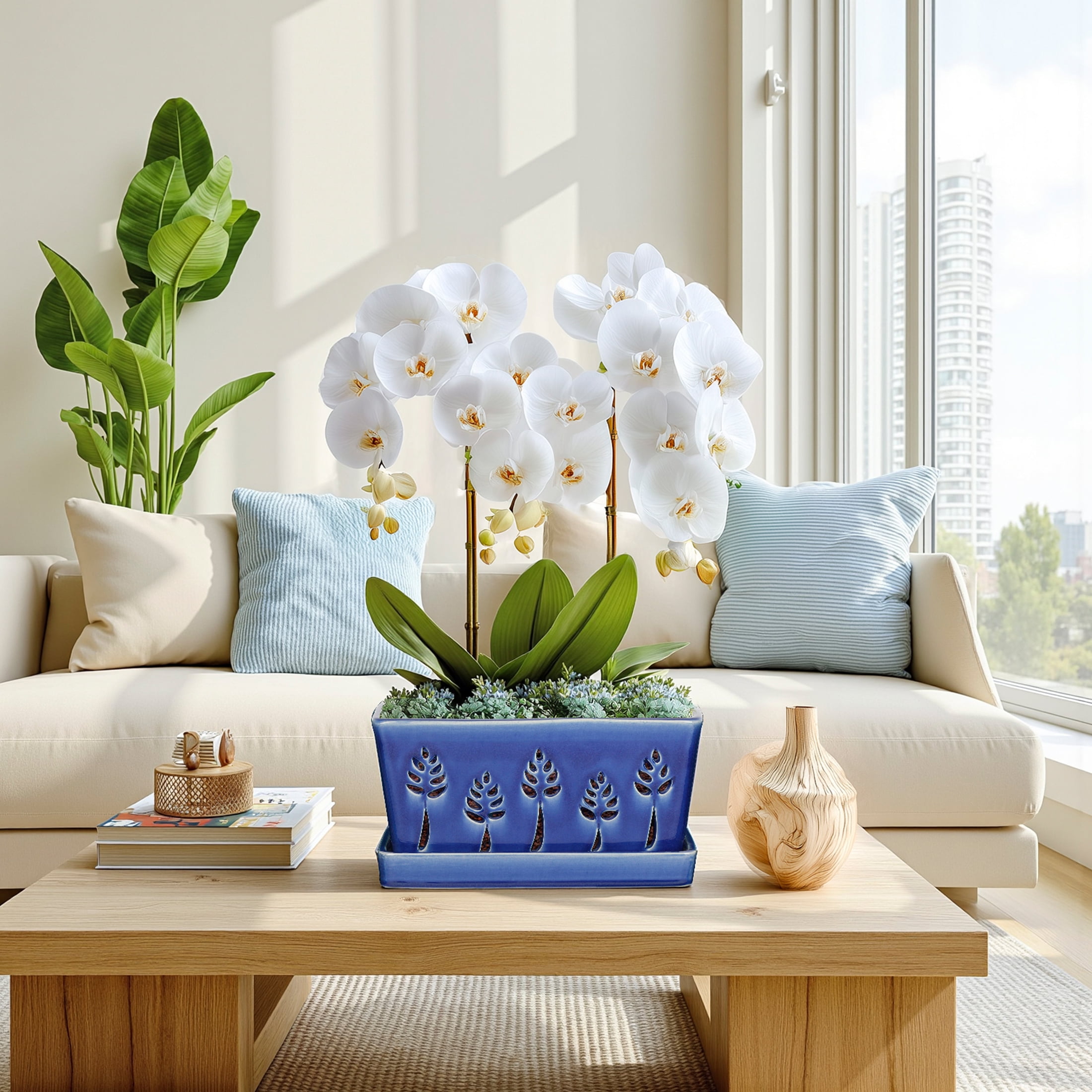 Ceramic orchid pot with holes,10×5 inch, premium thickened Handmade blue Glazed Pot with drainage and tray, accommodates 2 orchids,easy repotting
