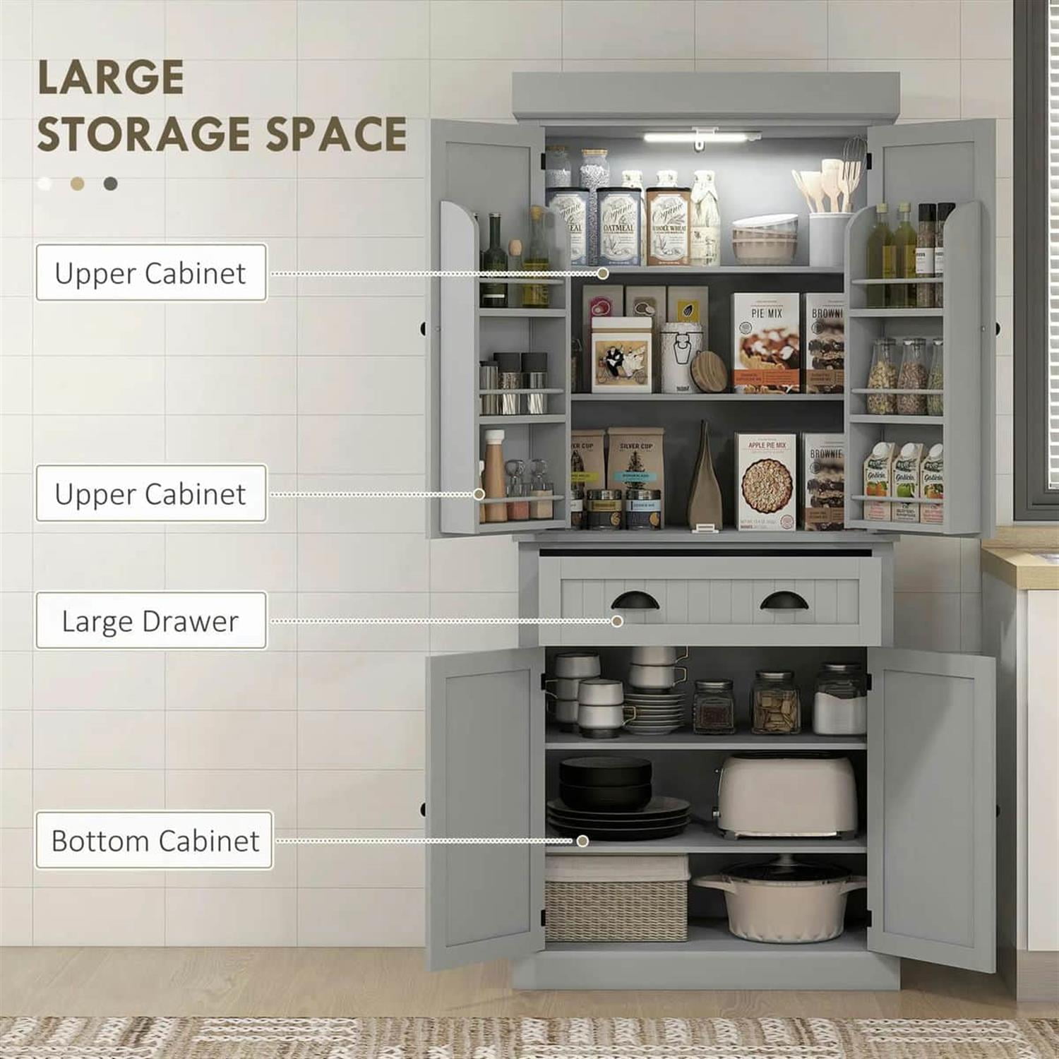 Demi Bonn 71" Large Kitchen Pantry Cabinet with LED Lights, 6 Sliding Shelves, Drawer & 4 Adjustable Shelves for Kitchen Organization, Gray