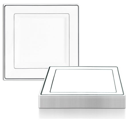 

Smarty 9.5 White Silver Square Edge Disposable Plastic Dinner Plates 120ct