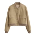 thumbnail image 3 of Chaqueta Universitaria Corta para Mujer, Larga, Abotonada, Informal, con Bolsillos. Caqui S, 3 of 7