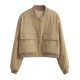thumbnail image 3 of Chaqueta Universitaria Corta para Mujer, Larga, Abotonada, Informal, con Bolsillos. Caqui L, 3 of 7