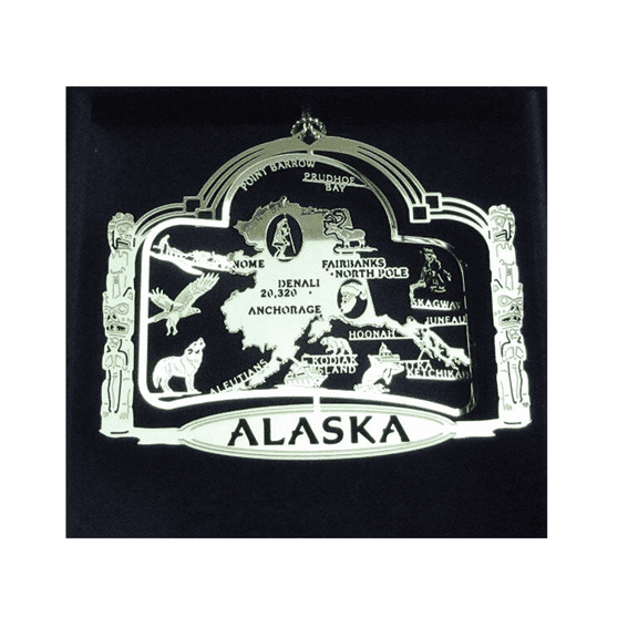 Alaska State Brass Ornament Black Leatherette Gift Box