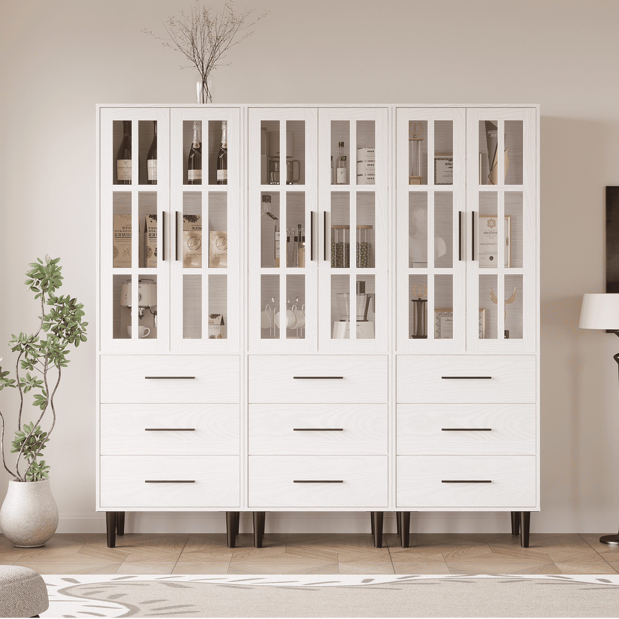 RichYa 71"H Tall Bookcase with Drawers,2 Doors Display Bookshelf with Metal Legs,6 Tier Storage Cabinets for Living Room,Home Office,White(B)