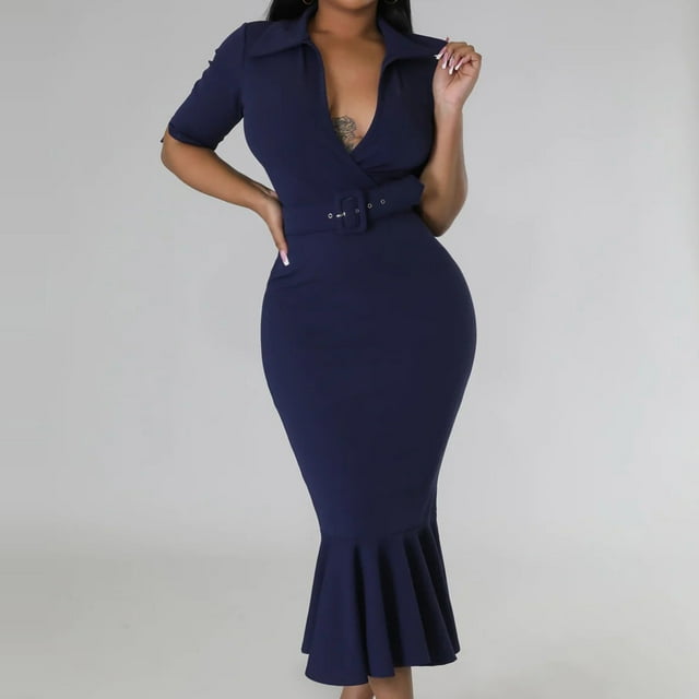 QIPOPIQ Robes Moulantes pour Femmes Manches Courtes Couleur Unie Portefeuille Fesses Robe d'Été à Volants Col en V Mi-Mollet Offres 2023