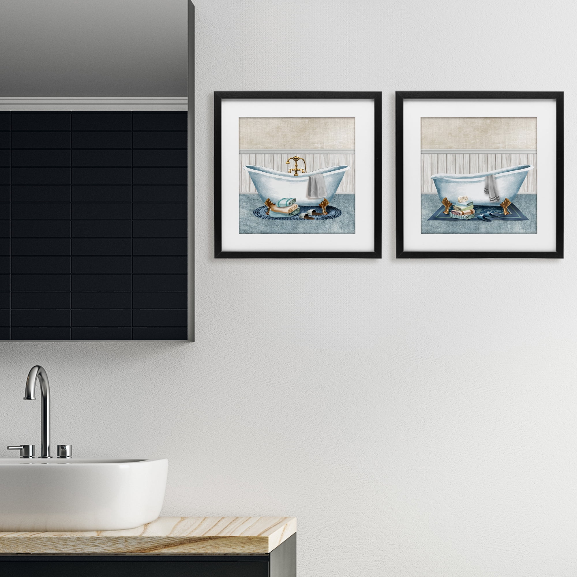 Stupell Industries Cozy Bathtub & Slippers 2 Piece Black Framed Print Under Glass Set, design by Conrad Knutsen
