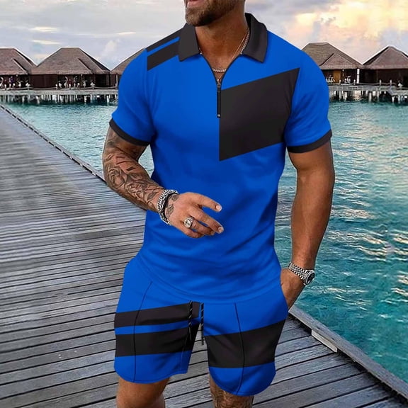 Frnrwgo Mens 2 Piece Short Set Color Block Half Zip Collared Short Sleeve Shirts and Shorts Casual Summer Outfits