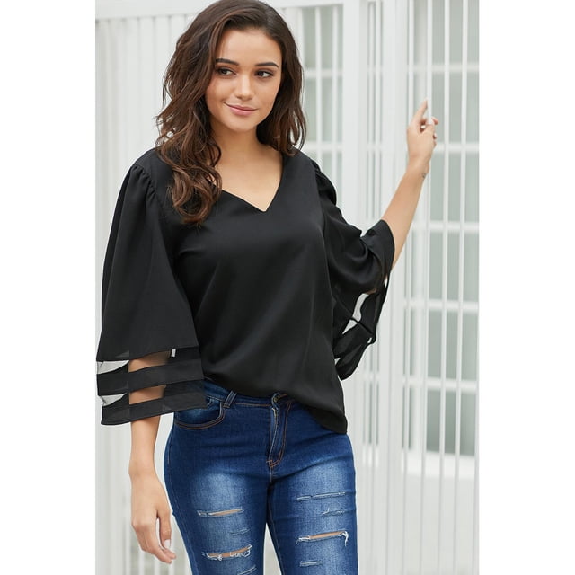 Blouse Ample à Manches Évasées Col en V Blanc/noir/rouge/bleu pour Femmes