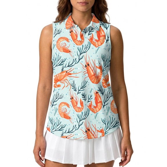 Women’s Sleeveless Polo Shirt with Funny Shrimp Print, Collared Quick Dry Moisture Wicking Golf Sport Tank Top