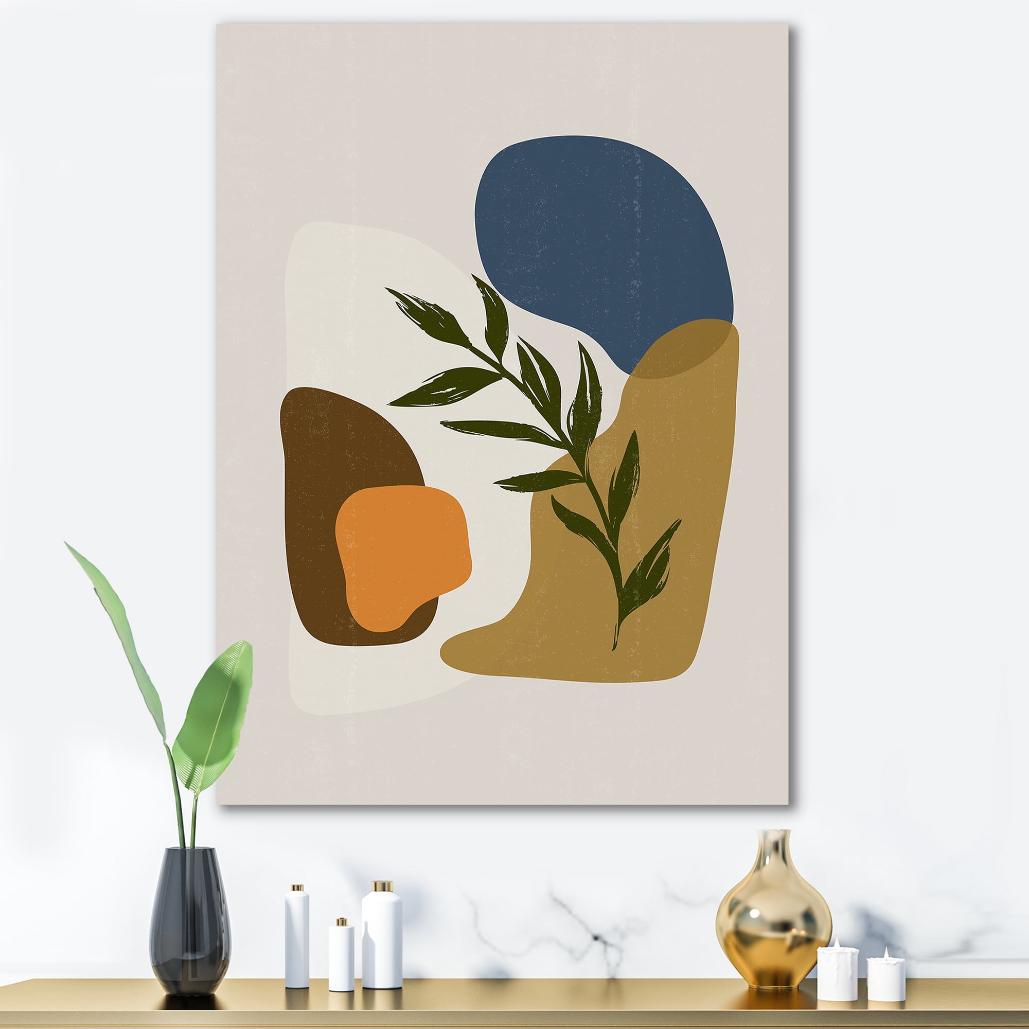 Designart ' Green Leaf With Botanical Minimalist Shapes ' Modern Canvas Wall Art Print