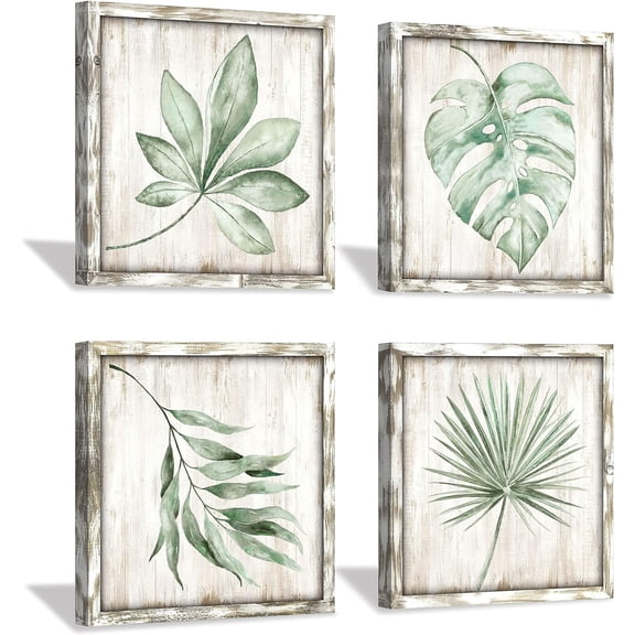Green Leaves Prints Wall Art: Rustic Wooden Background Palm Tree Leaf Simple Life Painting for Bathroom Wall Decor (12 X 12 X 4)