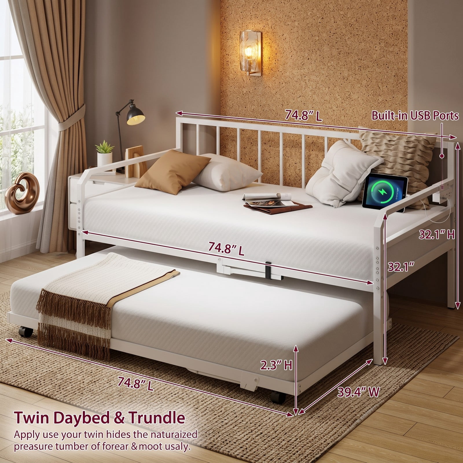 Furnibear Twin Metal Daybed with Pop-Up Trundle, Built-In Charging Station and LED Light for Bedroom and Guest Room, White