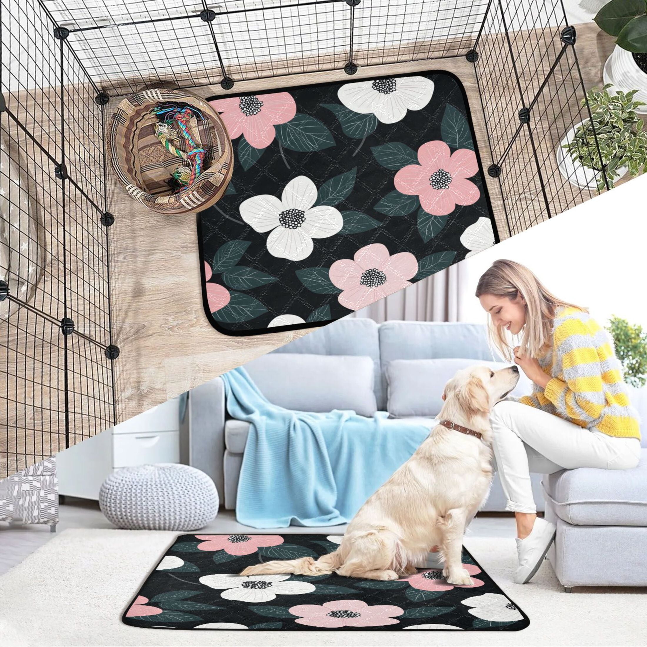 Qxltty Illustration Of Pink and White Flowers Cat litter Pads Pet Set of 3 Diaper Mats Center Anti-leakage Layer Absorbent Soft and Comfortable