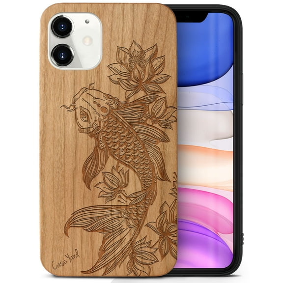 Case Yard Wooden Case Outside Soft TPU Silicone, Slim Fit Shockproof Wood Protective Phone Cover for Girls Boys Men and Women, Supports Wireless Charging Floral Koi Fish Design case for iPhone-12-Mini