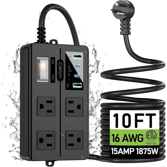 Outdoor Power Strip Weatherproof, IPX6 Waterproof Extension Cord Multiple Outlets with USB Ports, Overload Protection Shockproof,Electrical Power Strip Wall Mountable for Outdoor Decorations…, Black