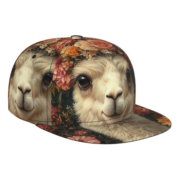 Baseball Cap Flat Bill Hat Adjustable Brim Trucker Hats Snapback , Flower Alpaca Vintage
