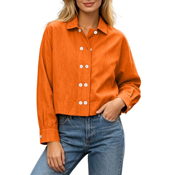 QQZ Cropped Double Breasted Long Sleeve Shirt Jacket Women, Lightweight Cardigans For Women Trendy, Fall Travel Business Casual Street Daily Outfits