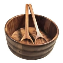 Kalmar Home 10 Inch Large Acacia Wood Salad Bowl with 2 Server Tong Utensils