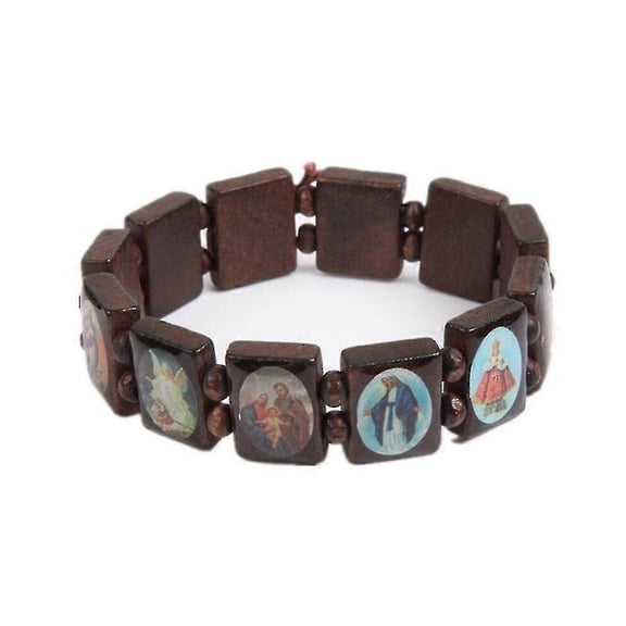 Catholic Jesus Bracelet Mary Angel Bangle Wood Stretch Faith Religious Icon Jewelry