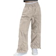 thumbnail image 2 of ATOGUTA Cargo Pants Girls Wide Leg School Uniform Pants Kids Elastic Waist Flowy Summer Beach Lounge Trousers with Pockets Size 5T-15, Khaki, 2 of 7