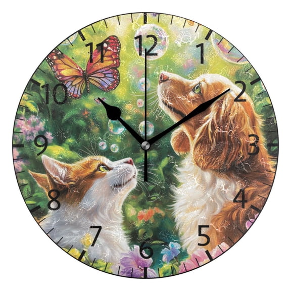 YAZAOO Decorative Wall Clock Size：25cm Cat and Dog with Butterflies Design Pattern Clock