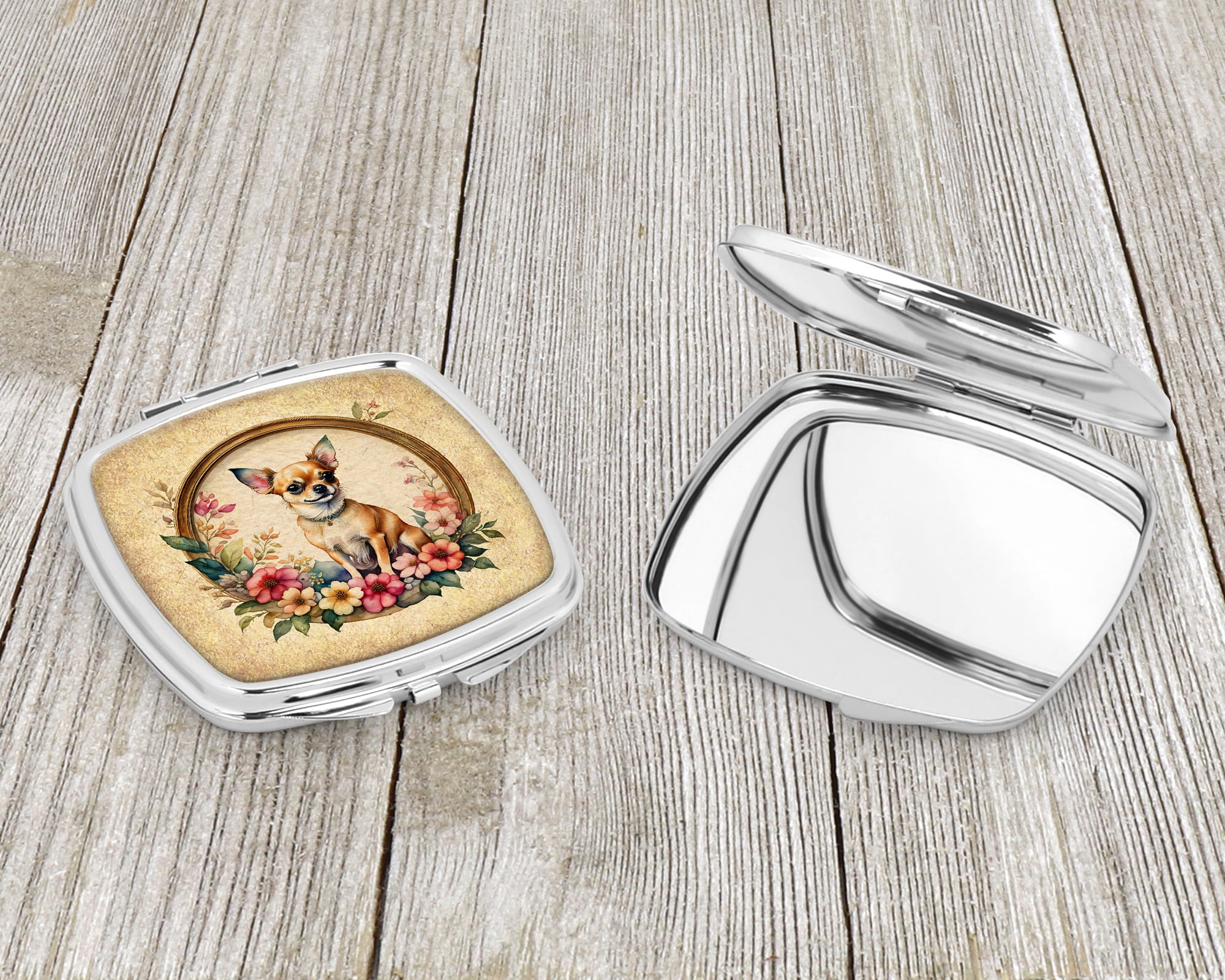 Chihuahua and Flowers Compact Mirror 2.75 in x 3 in