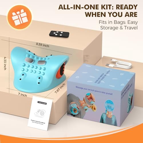 Portable Neck Massager with Heating and Vibration, 4-in-1 Customizable Massage Modes for Muscle Tension Relief, Wireless Remote Control, Cervical Traction Device