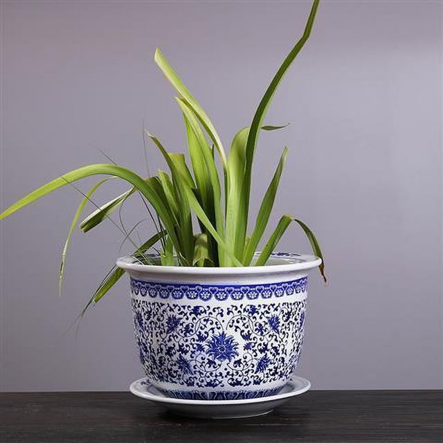 Maceta de cerámica de porcelana azul y blanca con bandeja, maceta grande de hierro para árbol, maceta hidropónica para balcón, para jardinería doméstica