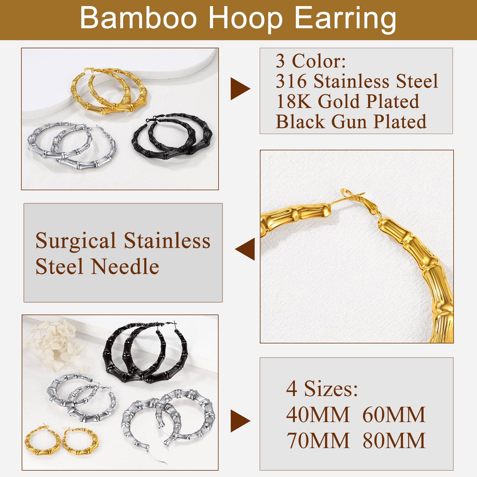 U7 Women Large Big Hoop Earring Gold Plated Bamboo Earrings 80mm Stainless Steel Christmas Gift for Mother Wife
