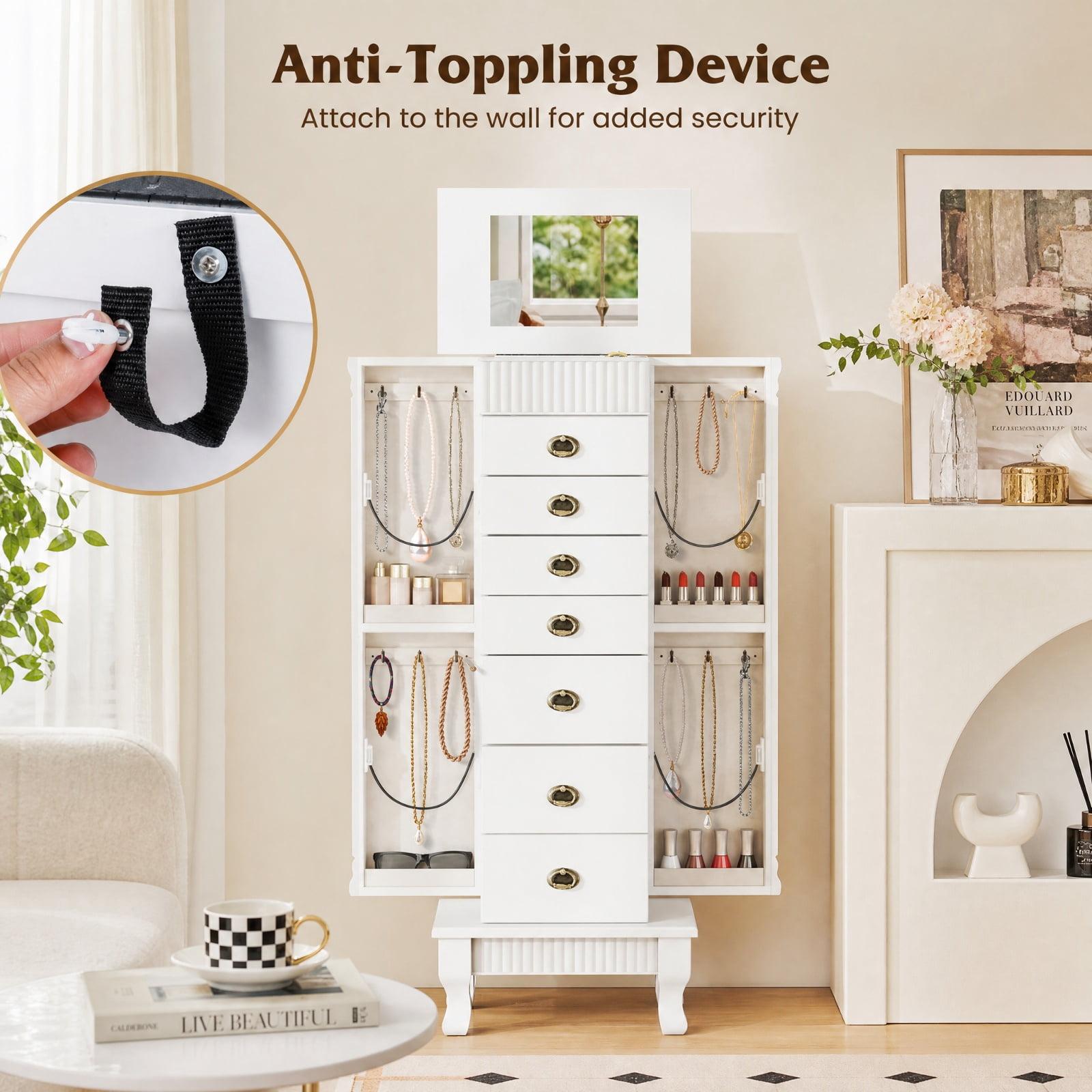 Furnibear Wooden Jewelry Armoire Cabinet Storage Chest with Drawers and Swing Doors for Bedroom Dressing Room Jewelry Necklace Rings Storage, White
