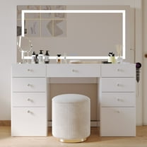 Boahaus Selina Modern Vanity Desk with Mirror, Speakers, Lights & Charging Station, White