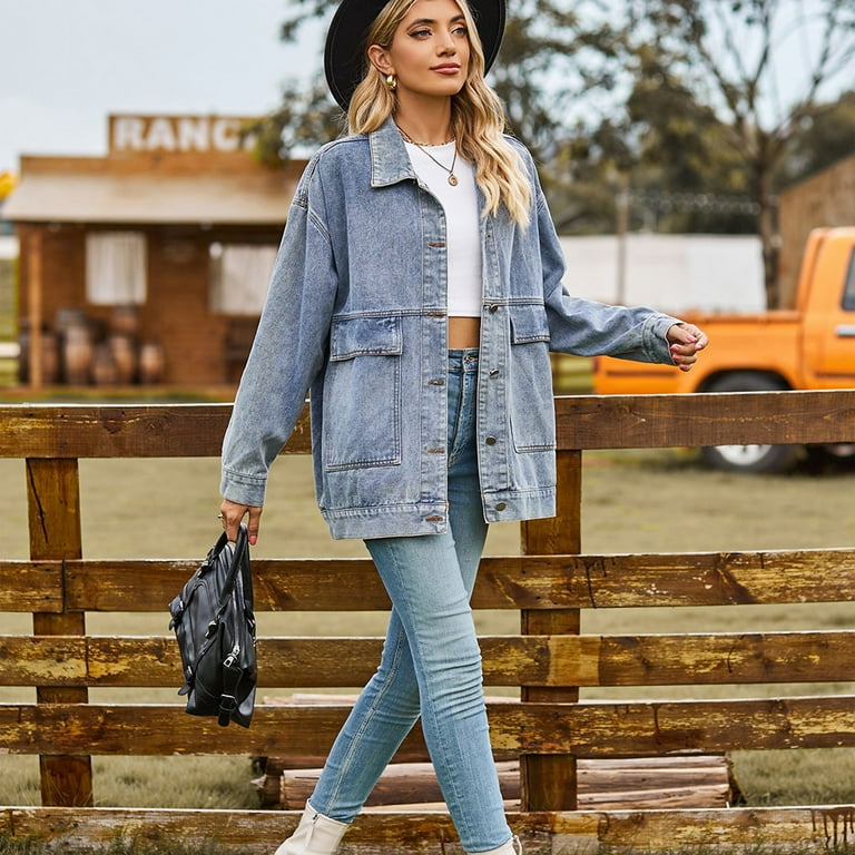 XBASW Women's Oversized Denim Jacket Long Sleeve Jean Jacket