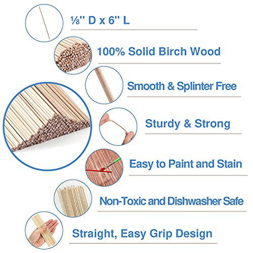 DAJAVE 200pcs 6 inch Wooden Dowel Rods, Dowel Rods 1/8, 3/16, 1/4, 3/8, 5/16 inch Assorted Sizes Round Craft Wood Sticks, Unfinished Dowel Hardwood