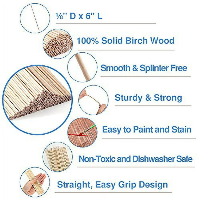 Wooden Dowel Rods Assorted 1/8 Inch x 6, 200 Wood Dowels, Wooden Dowels  for Crafts, Precut Dowels for Crafting, Hardwood Dowel Rod, Wooden Rod  Sticks Doweling Rods, Cake Dowels for Tiered Cakes 