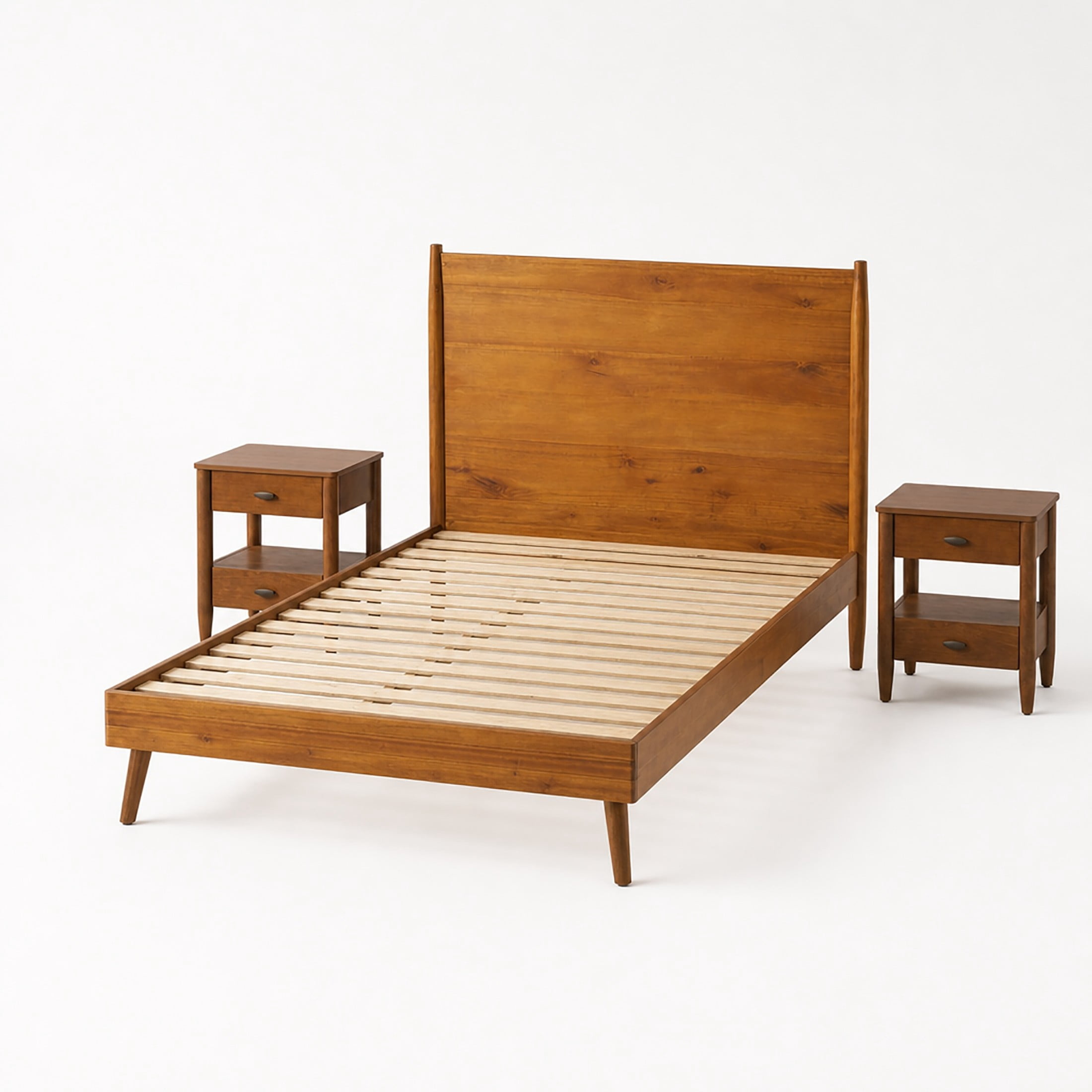 Christopher Knight Home Mid-Century Full Bedroom Furniture Set, Solid Wood Bed with 2 Nightstands, Natural+Walnut
