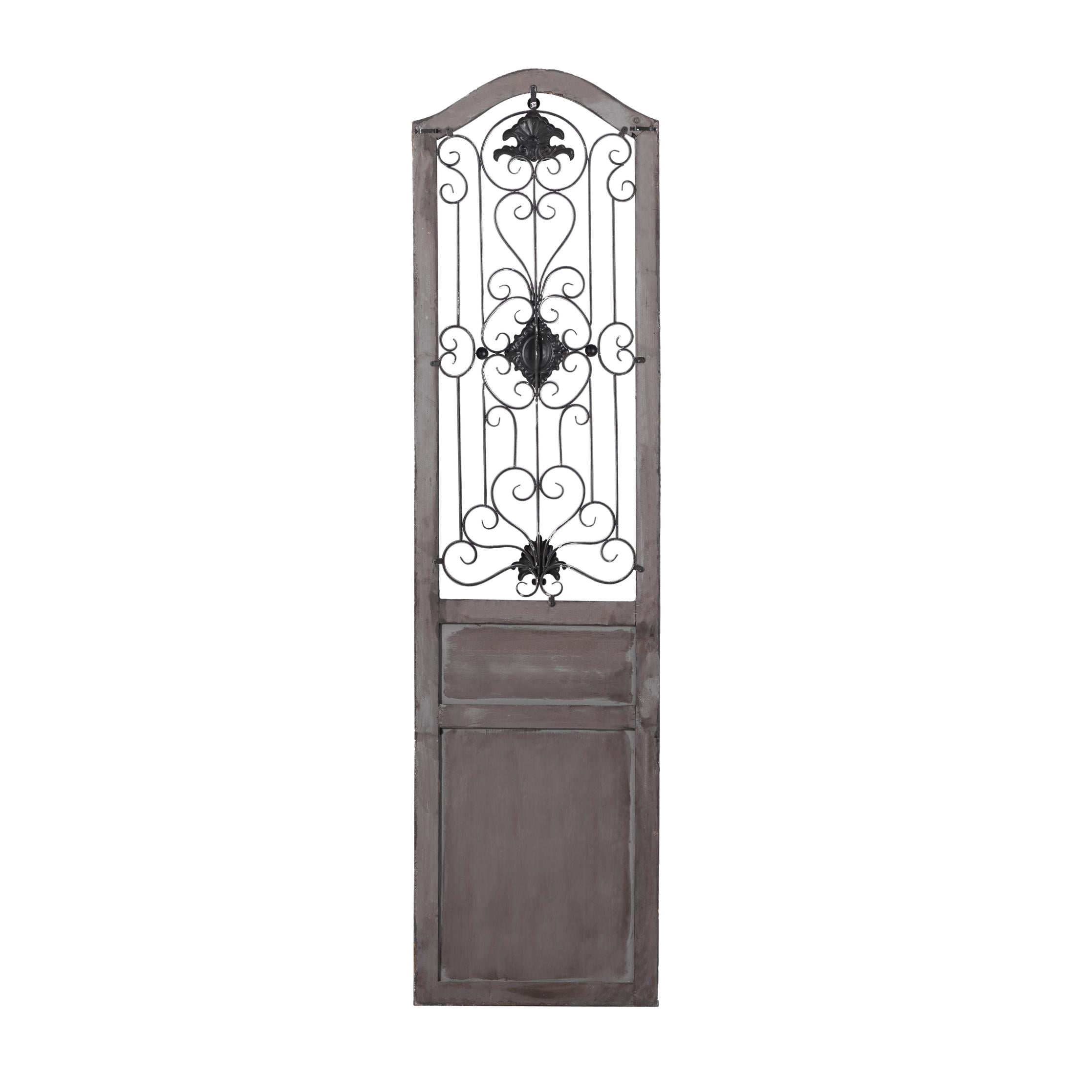DecMode Brown Wood Distressed Door Panel Scroll Wall Decor with Metal Wire Details