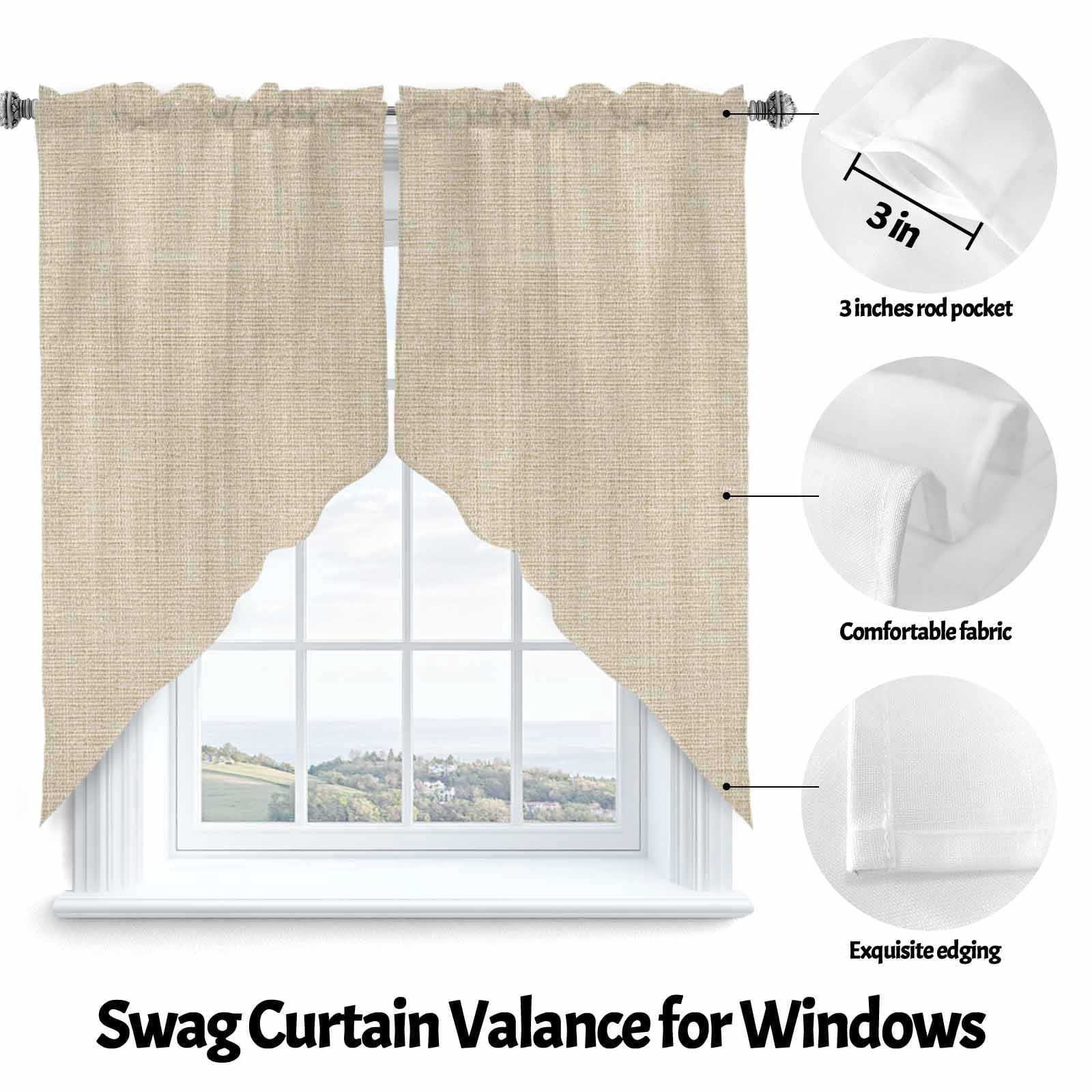 Swag Curtain Valances Beige Linen Texture Swag Valances for Kitchen Windows Farmhouse Solid Color Short Topper Curtains Valance Tier Pair for Kitchen Bedroom Living Room Bathroom 28"x36"