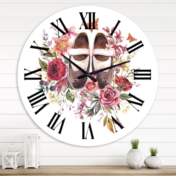 Designart 'Vintage Oxford Shoes With Wildflowers' Farmhouse Wall Clock