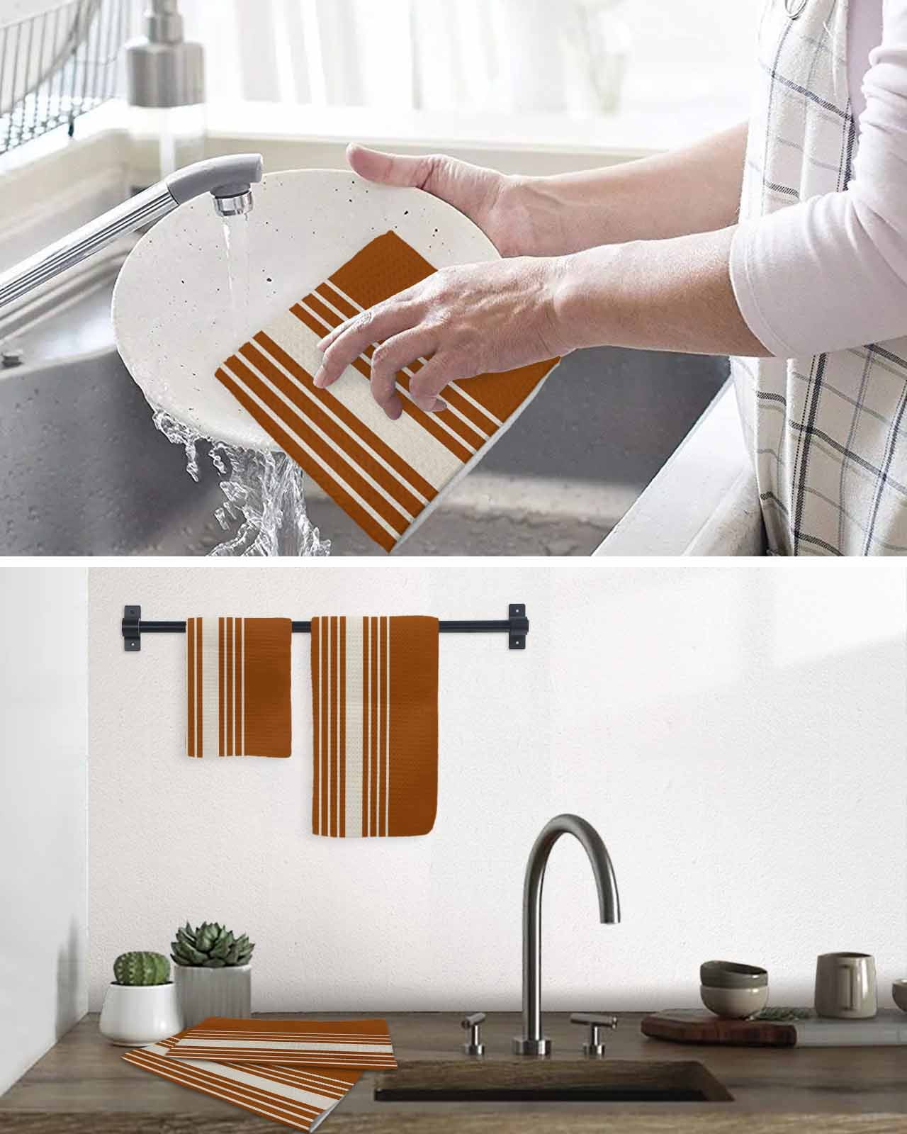 Burnt Orange Beige Striped Kitchen Dish Towels for Drying Dishes Set of 3, Modern Farmhouse Retro Lines Waffle Weave Microfiber Hand Tea Bathroom Towels Quick Dry & Absorbent Towel 12x12