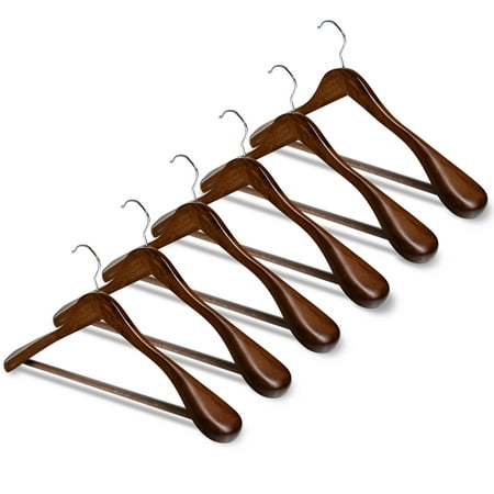 ShopoKus (6 Pack) Wide Shoulder Wooden Hangers with Non Slip Pants Bar, Smooth Finish Solid Wood Suit Hanger Coat Hanger, Holds up to 20 lbs, 360° Swivel Hook, for Dress, Jacket, Heavy Clothes