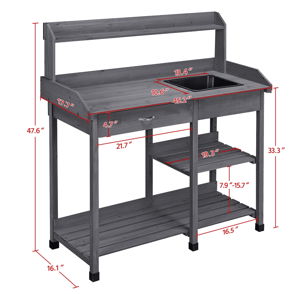 Renwick Fir Garden Potting Bench w/Sink Drawer Rack Shelves,Gray