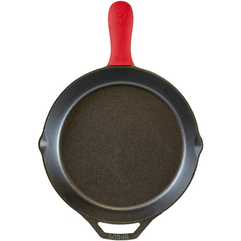  Lodge Cast Iron Skillet with Red Silicone Hot Handle Holder, 12- inch: Home & Kitchen