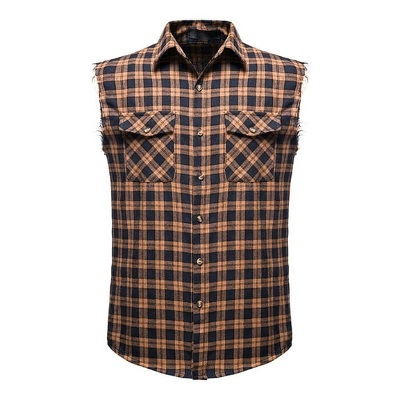 PUYAHG Mens Blouses Mens Summer Fashion Sleeveless Lapel Plaid Vest Button Down Relaxed Fit T Shirts Brown,L