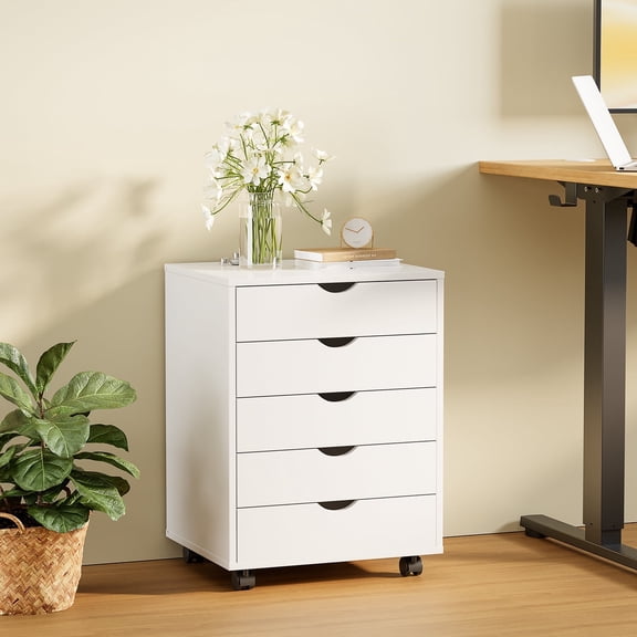 5 Drawer Chest, Wooden Tall Dresser Storage Dresser Cabinet With Wheels-White