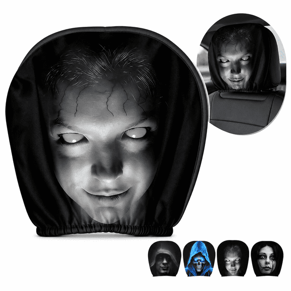 Scary Face Car Headrest Covers, Funny Headrest Covers for Cars with Creepy Face Print, Stretchable Auto Seat Accessories, Halloween Joke Gift for Horror Lovers and Drivers