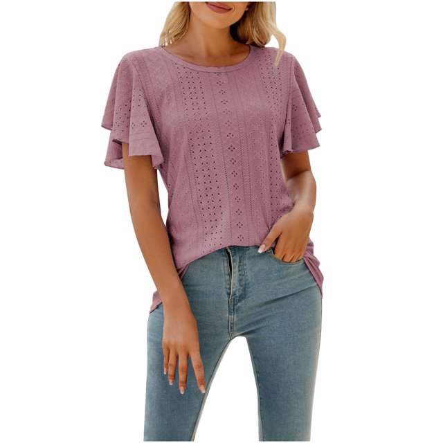 BVOFAR Eyelet Embroidery Tops for Women Summer Casual T-Shirts Trendy Ruffle Short Sleeve Shirts Round Neck Solid Color Blouses