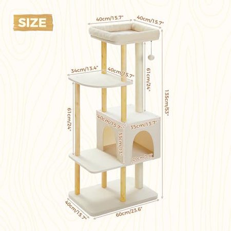 PAWZ Road Large Cat Tree, 53 Inches Modern Wooden Cat Tower for Indoor Cats, Multi-Level Cat Condos with Long Scratching Posts and Scraping Columns,Gray