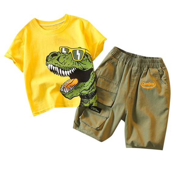 Big Kid Boys Clothes 4t Designer Clothes Toddler Baby Boy Clothes Short Sleeve Dinosaur Printed T Shirt + Shorts 2pcs Boys Summer Kid Clothing(Yellow,2-3 Years)